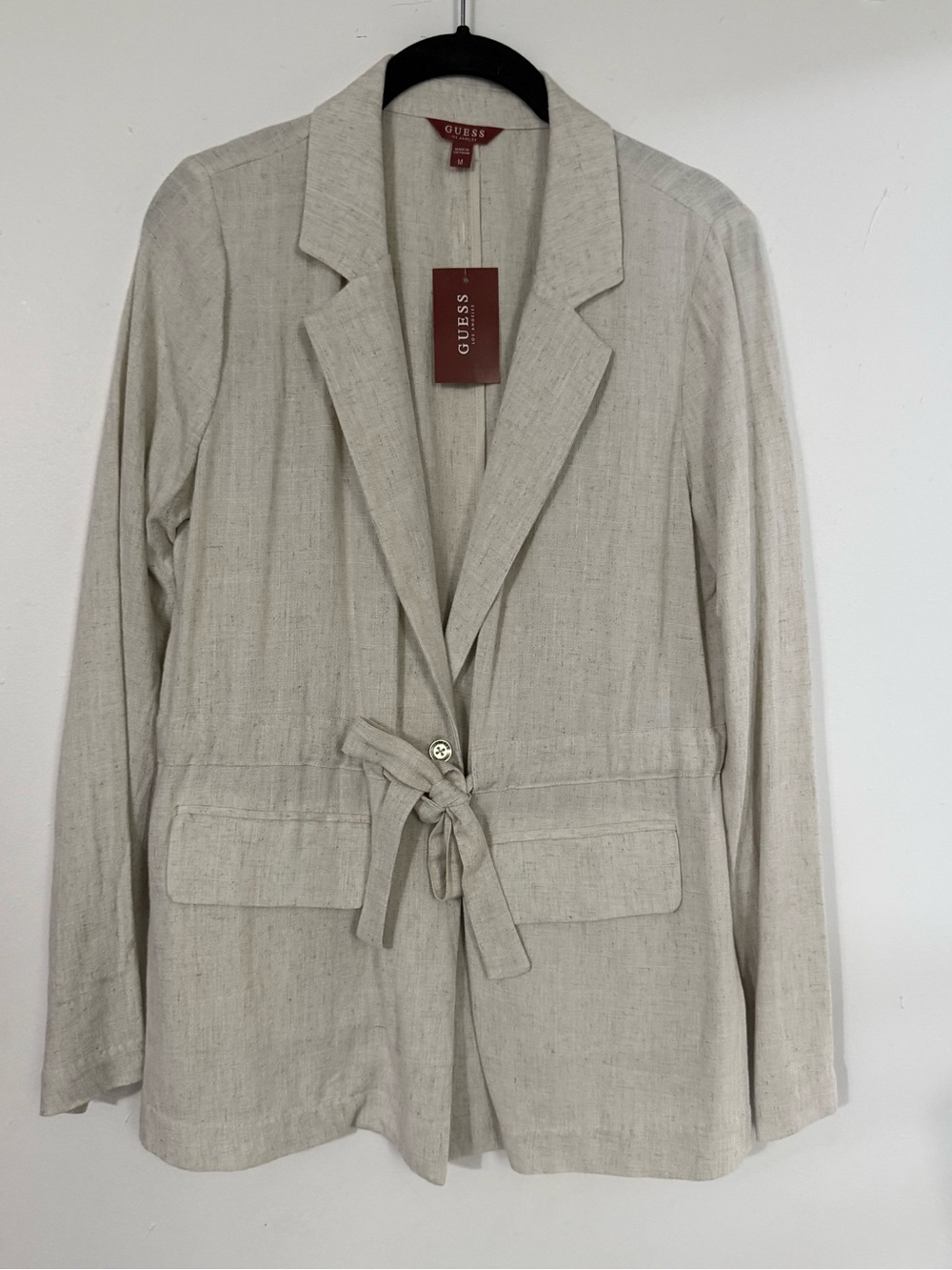 GUESS Cream Tie-Waist Linen-Blend Blazer